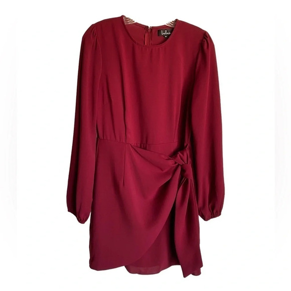 Lulus Believe It or Knot Wine Red Long
Sleeve Tie-Front Skater Dress - Picture 3 of 7